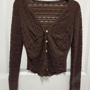 Brown Knit Lace Button Up Top